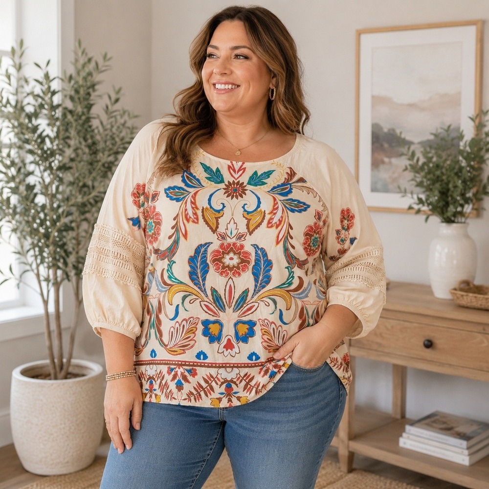 Cato Boho Floral Peasant Blouse Balloon Sleeve Crochet Trim Women's XL Cream